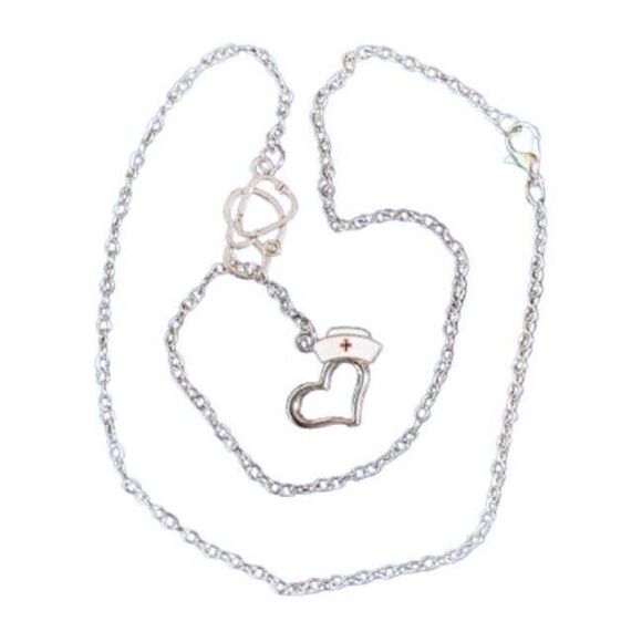 NEW Nurses Have Heart Necklace Earrings SET Red Cross Stethoscope Silver Chain - Picture 3 of 5